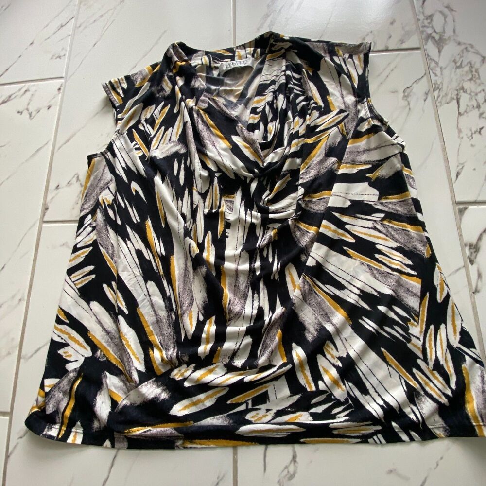 Kasper Women 1X Black White Yellow Sleeveless Cowl Neck Blouse Top